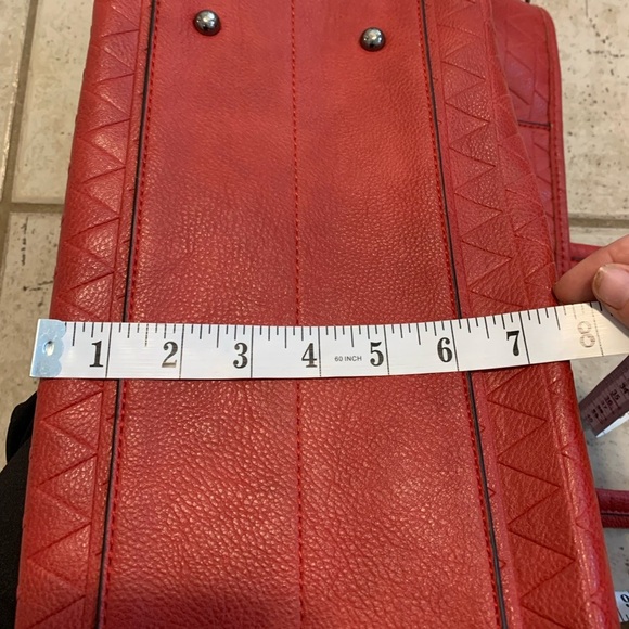 Bright Red PU Leather Geometric Pattern Tote Bag Satchel - Spacious Interior - Picture 10 of 15